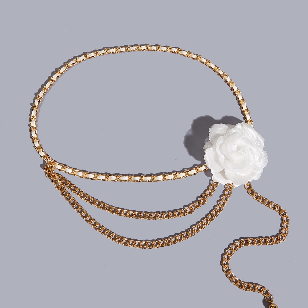 Gold Chain Belt with White Flower Accent - Women Accessories